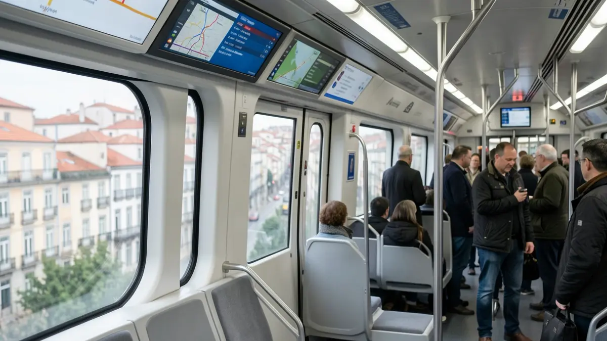Imagem genérica de um interior de metro moderno com ecrãs digitais e vista desfocada de uma cidade portuguesa.
