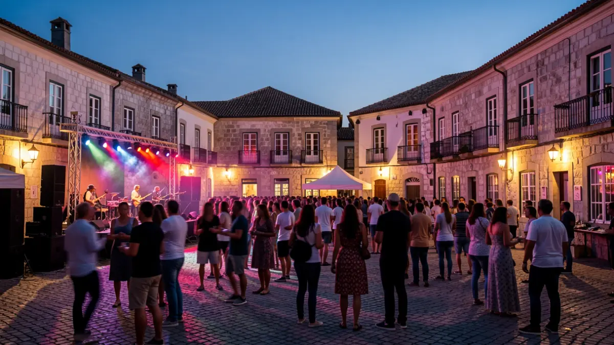 Imagem genérica de uma festa de música numa praça portuguesa ao entardecer, com luzes coloridas e arquitetura histórica.