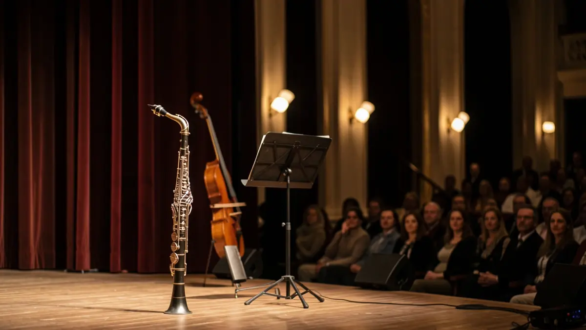 Iluminación de escenario suave sobre instrumentos musicales en una sala de espectáculos portuguesa.