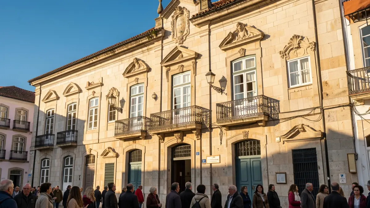 Facade of a town hall in Óbidos, Portugal, at dusk.