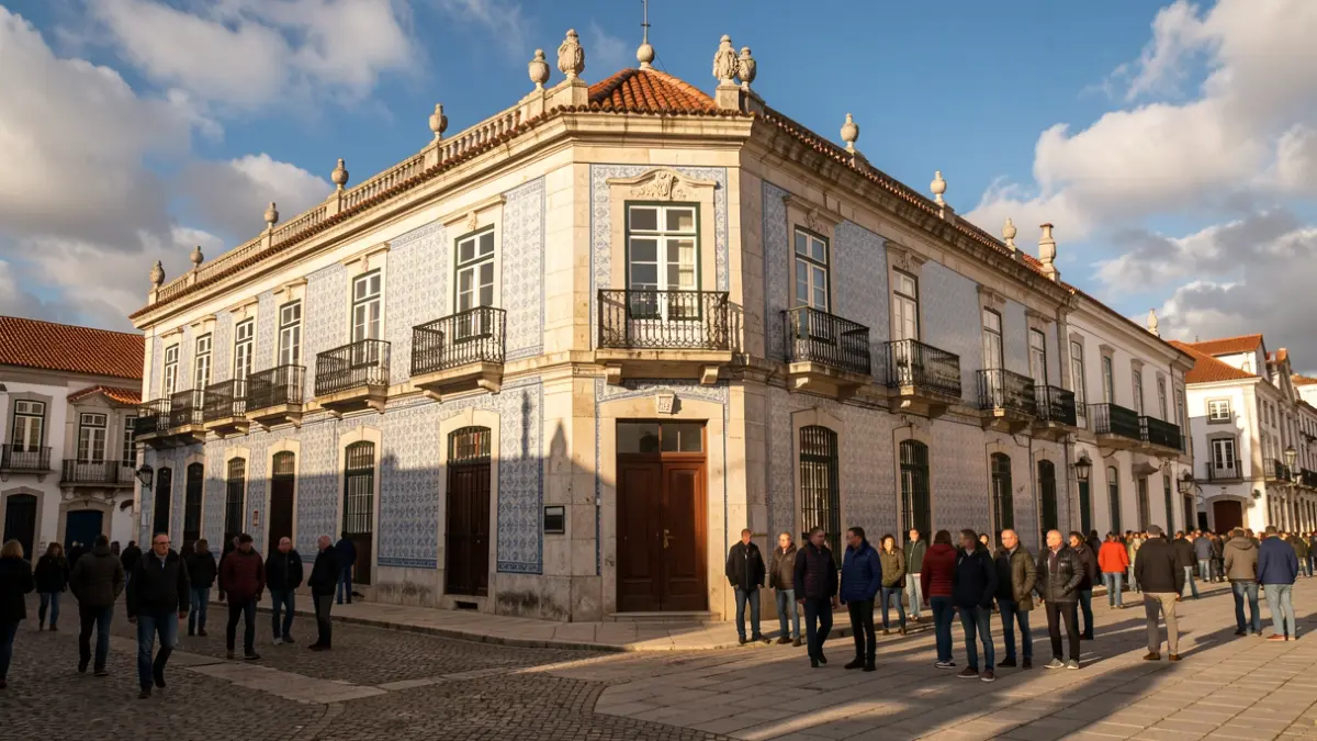 Fachada de un edificio gubernamental portugués con detalles arquitectónicos tradicionales.