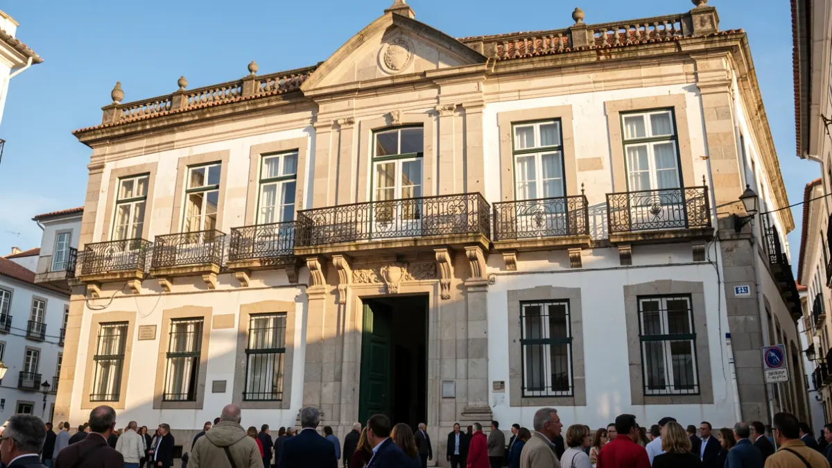 Imagem genérica de uma fachada de Câmara Municipal portuguesa com varanda ornamentada e luz solar de fim de tarde.