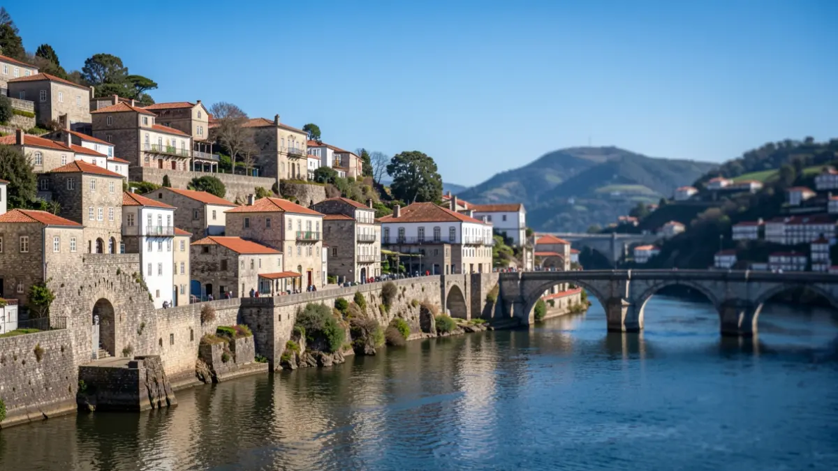 Generic image of a river with a Portuguese town on its banks, under a blue sky.