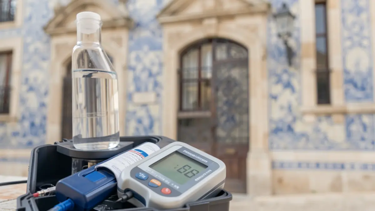 Imagem de um kit de teste de qualidade da água em frente a uma fachada de edifício municipal com azulejos.