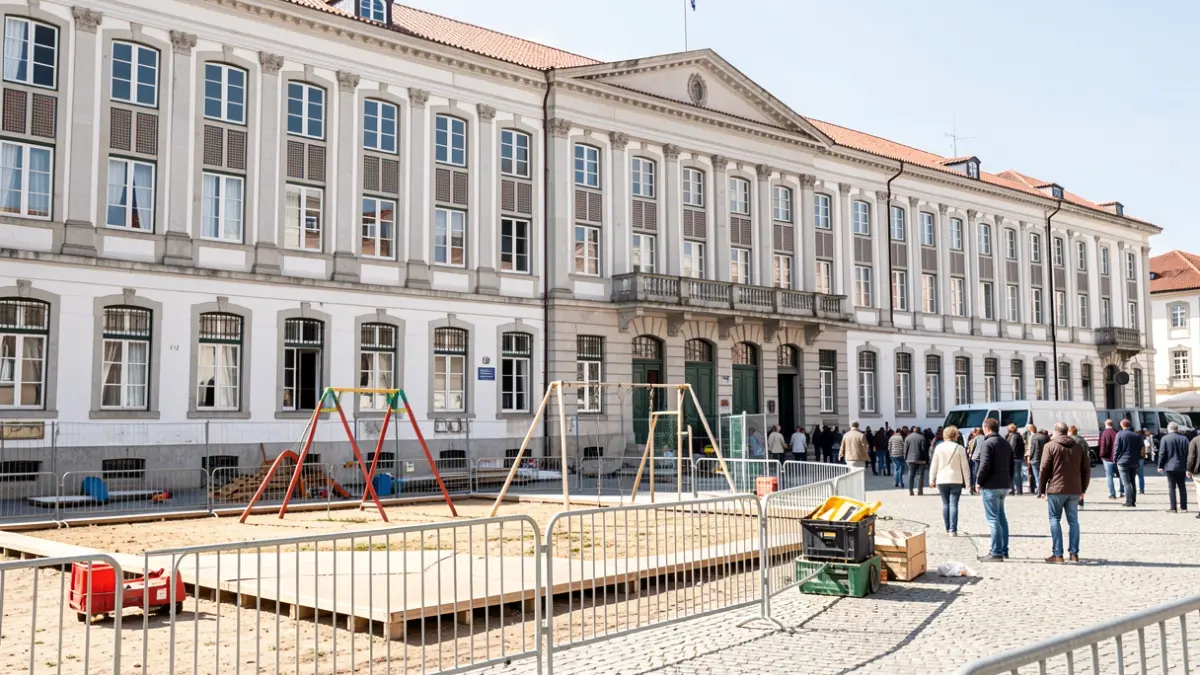 Imagem de uma escola em Mirandela com obras de renovação nos espaços exteriores.