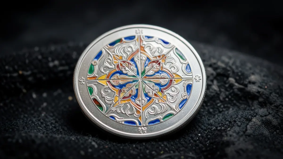 Generic image of a silver commemorative coin with patterns resembling Portuguese tilework.