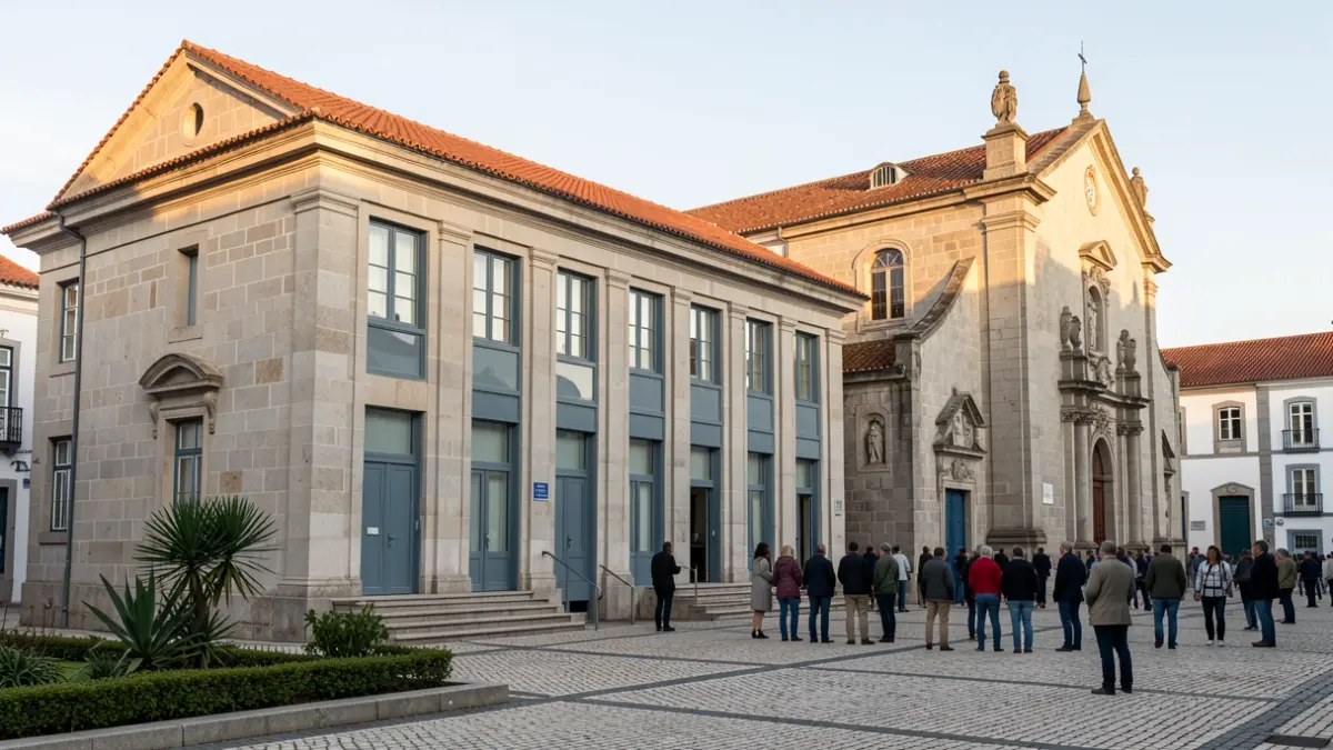 Fachada de una nueva casa mortuaria en Mogege, junto a una iglesia, con detalles arquitectónicos portugueses.