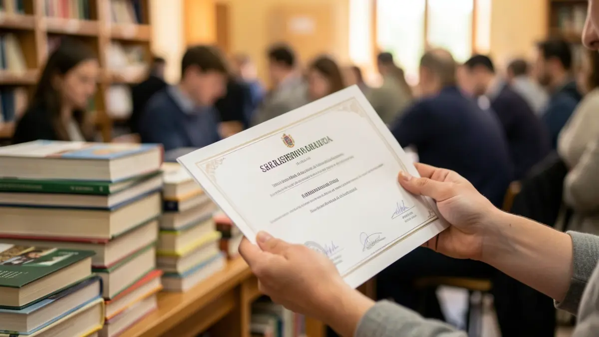 Generic image of a university student's hand holding a scholarship certificate, with blurred books in the background.