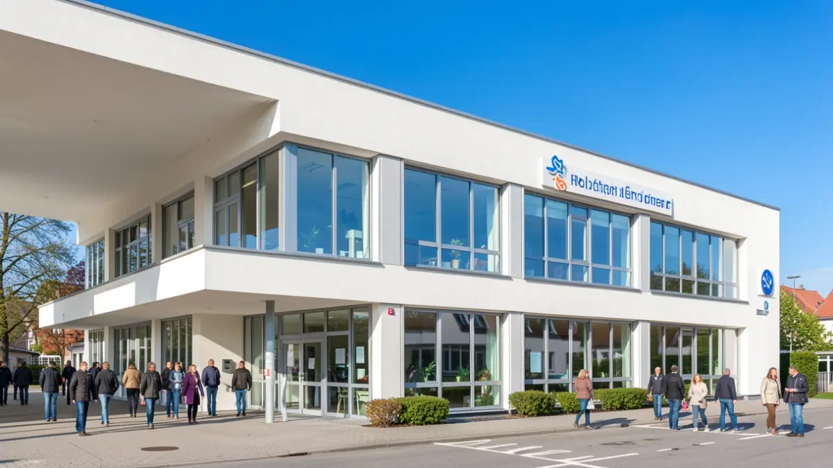 Imagen genérica de un centro de salud moderno con grandes ventanales y señalización clara, bajo un cielo azul brillante. Arquitectura funcional.