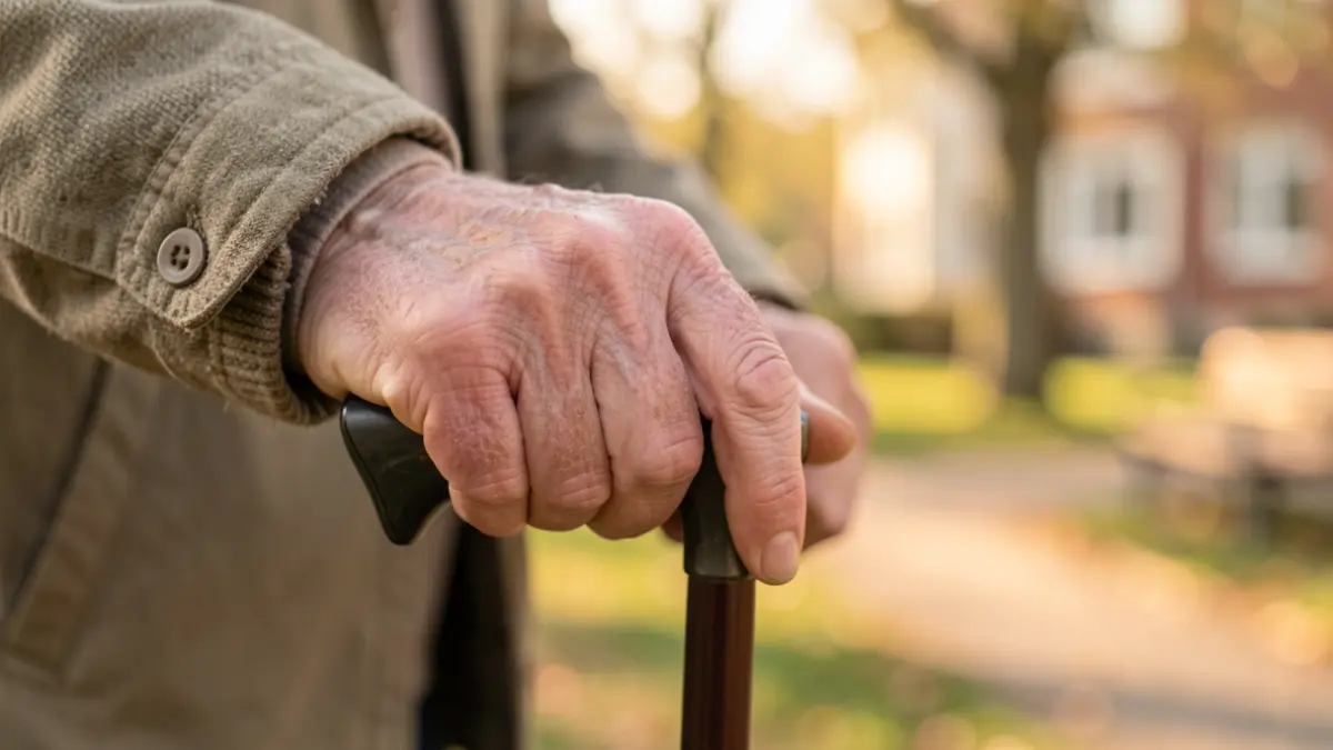 Imagen genérica de manos de ancianos sosteniendo un bastón, con un fondo desenfocado de un parque o centro comunitario.