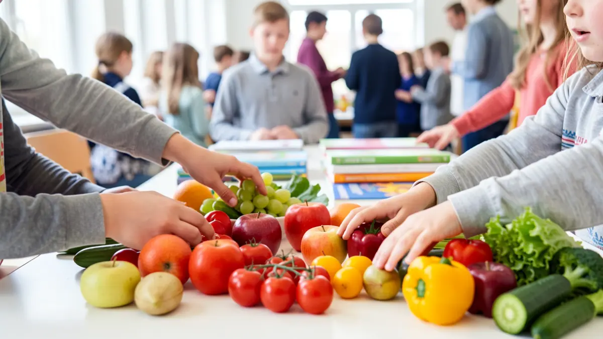 Imagen genérica de manos de niños alcanzando frutas y verduras saludables en una mesa limpia, con libros escolares borrosos al fondo.