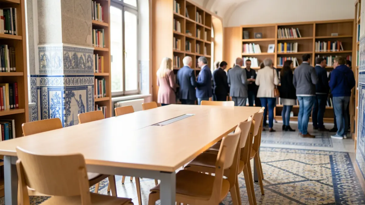 Generic image of a meeting room in a library in Portugal, with a table and chairs.