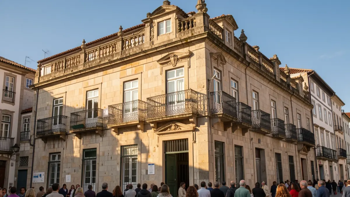 Generic image of a Portuguese town hall facade made of stone with ornate balconies and iron railings, under the warm late afternoon light.