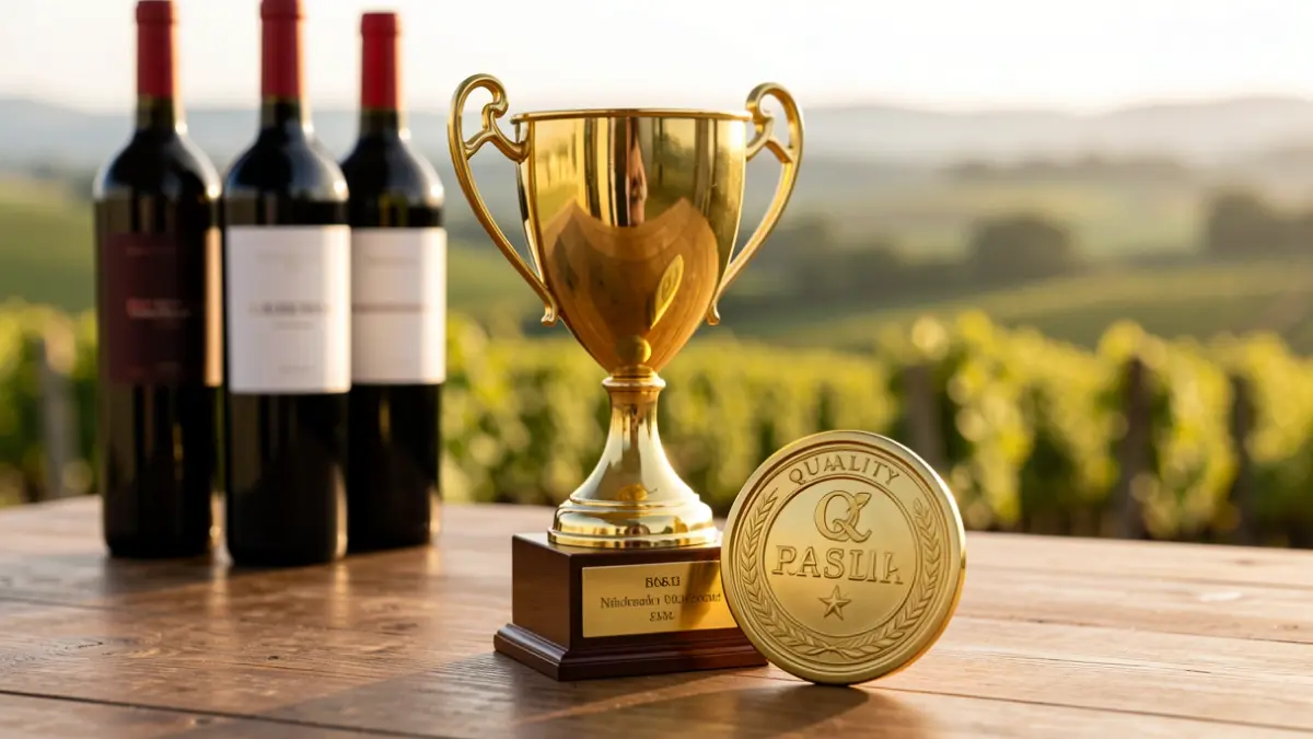 Imagen de trofeos y sellos de calidad para vinos portugueses.