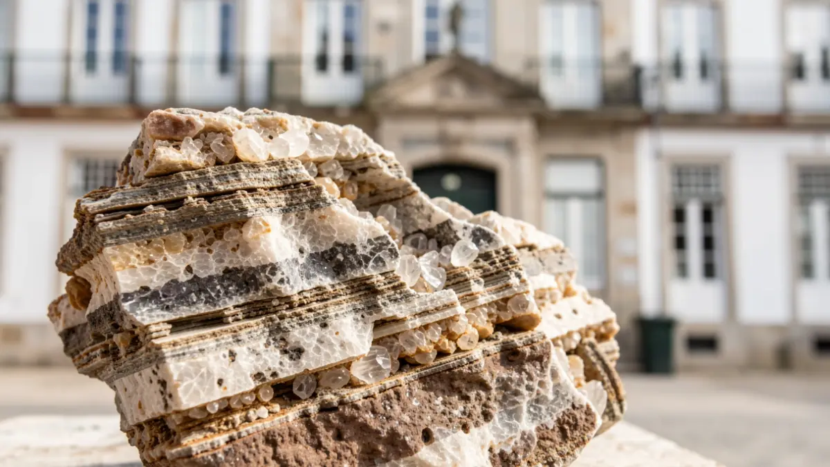 Imagen genérica de una muestra geológica con capas visibles y estructuras cristalinas, en primer plano, con la fachada de un edificio municipal desenfocada al fondo.