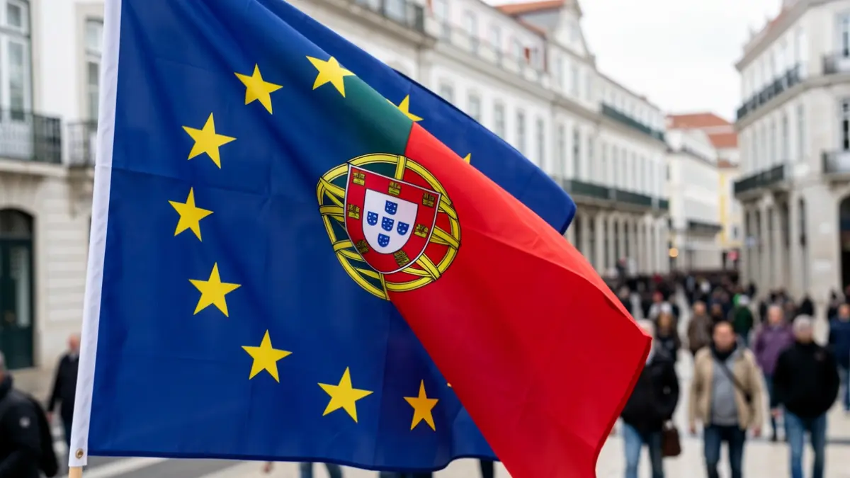 Bandeira da União Europeia com elementos de Portugal ao fundo, em estilo documental.