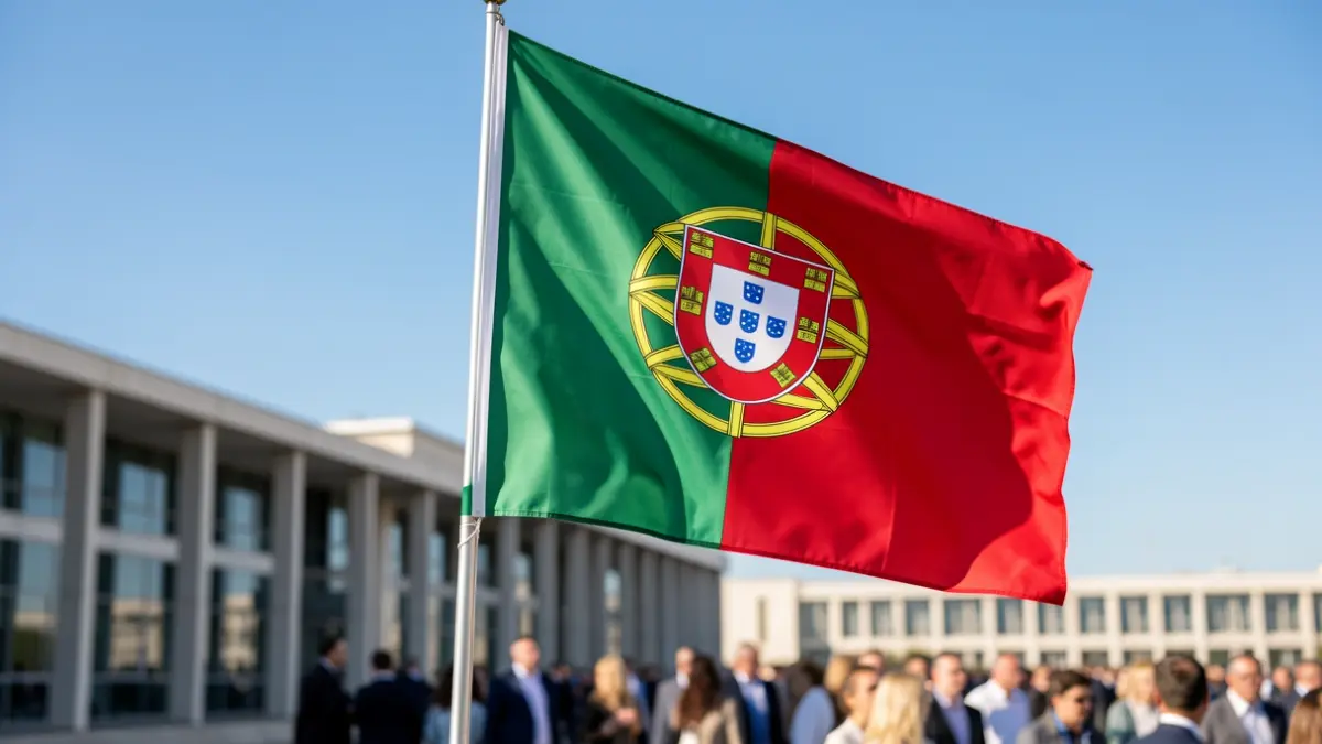 Imagem genérica de uma bandeira portuguesa a abanar ao vento, com um edifício governamental moderno desfocado ao fundo.