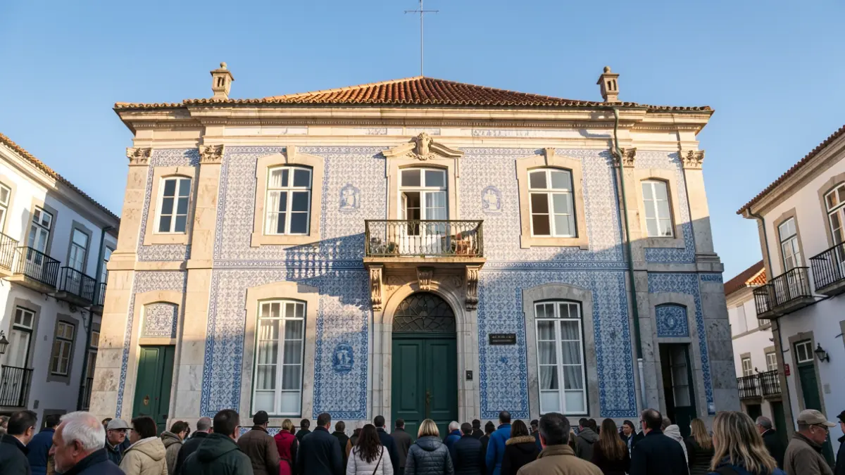 Fachada de um edifício municipal em Montijo com azulejos e varanda, ao sol da tarde.