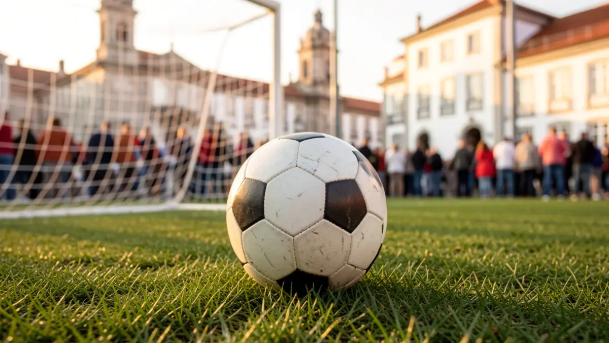 Generic image of a soccer ball on a field, with blurred net in the background.