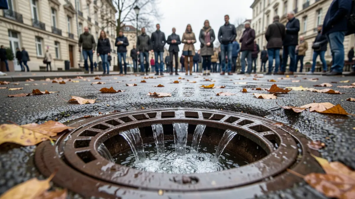 Imagen genérica de una alcantarilla con agua fluyendo y hojas caídas.
