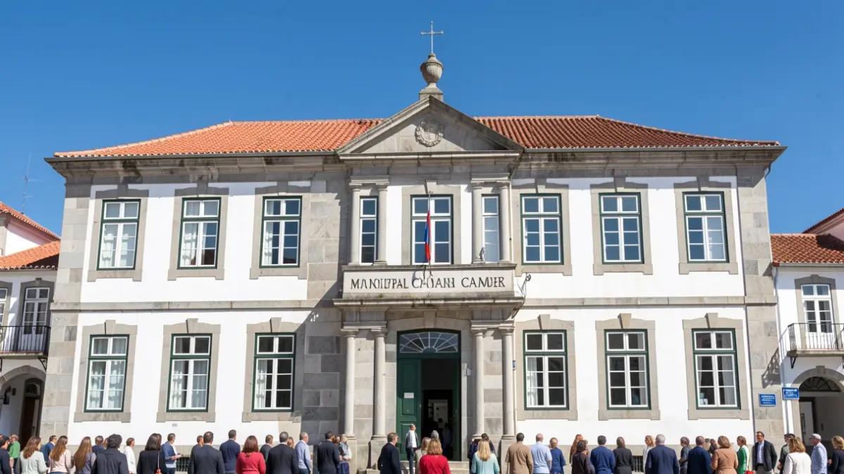 Facade of the Municipal Chamber of Mora, an official building in Portugal.