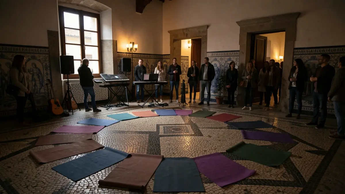 Imagem genérica de um espaço cultural com tapetes de yoga e instrumentos musicais.