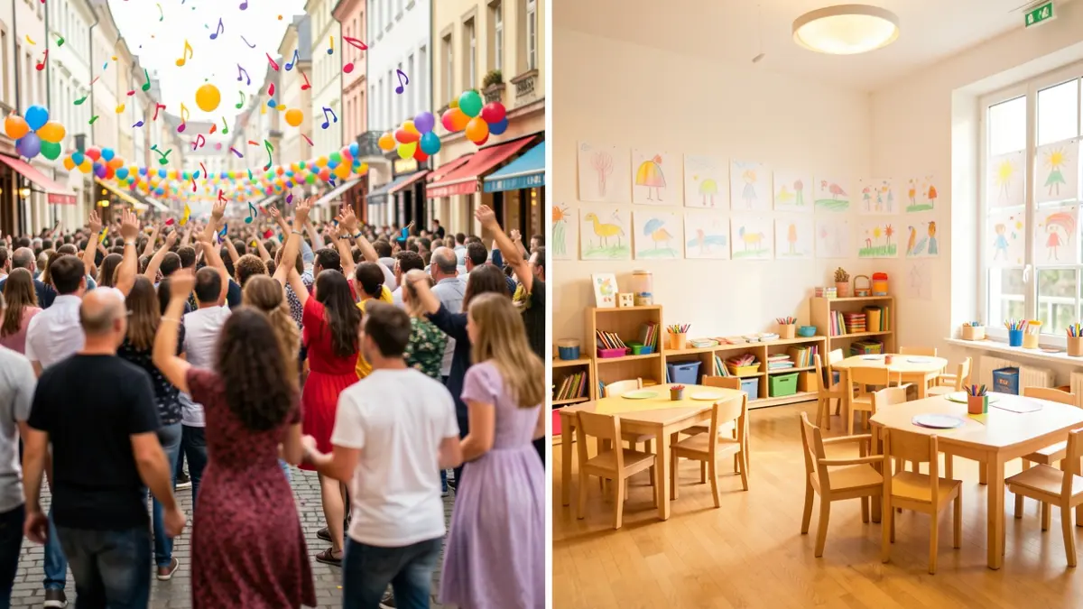 Imagem dividida: um lado mostra uma festa de rua vibrante e colorida, o outro uma sala de pré-escolar luminosa. Ambas as áreas foram distinguidas com prémios.