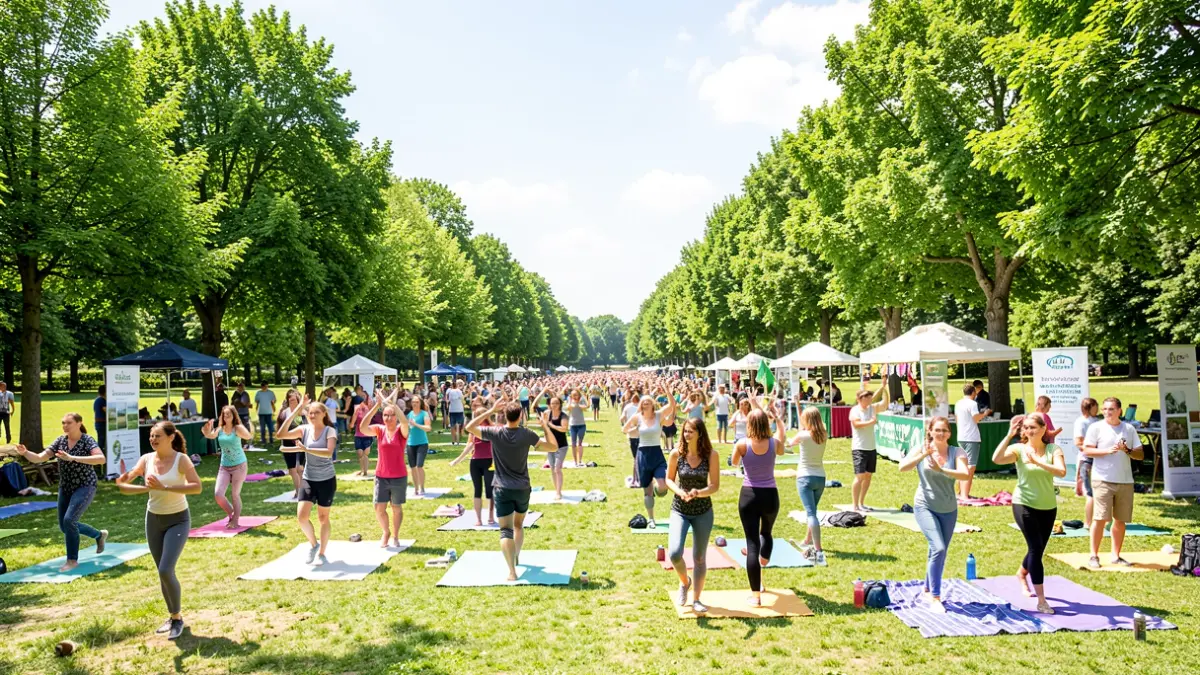 Imagem de um evento de bem-estar ao ar livre no Parque Quinta das Conchas, com participantes em atividades de saúde e sustentabilidade.