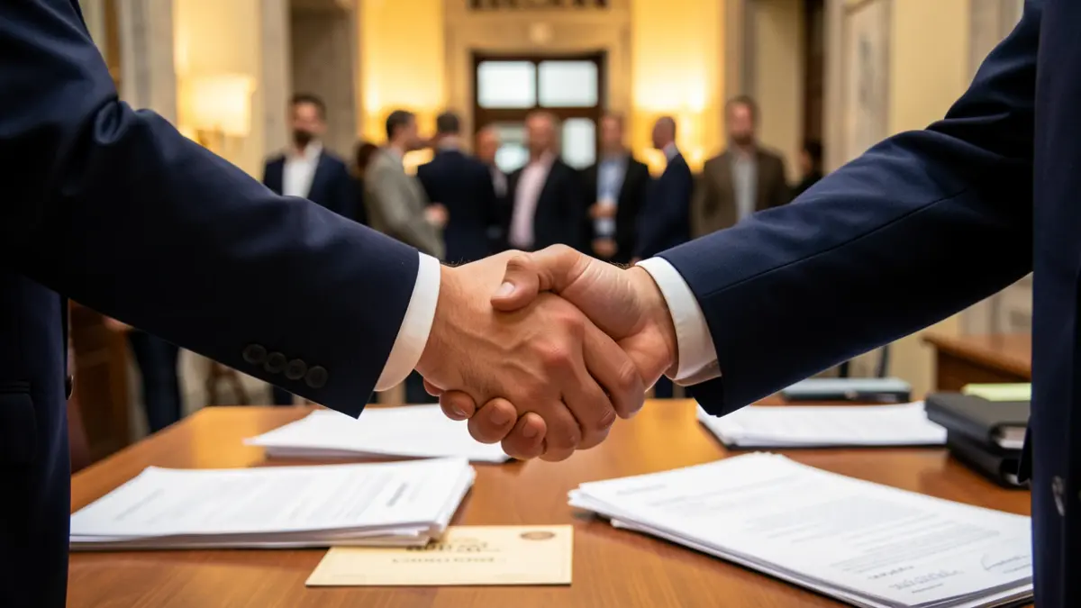 Imagem genérica de duas mãos a apertar sobre uma secretária com papéis e um cheque solidário, com elementos arquitetónicos portugueses ao fundo.