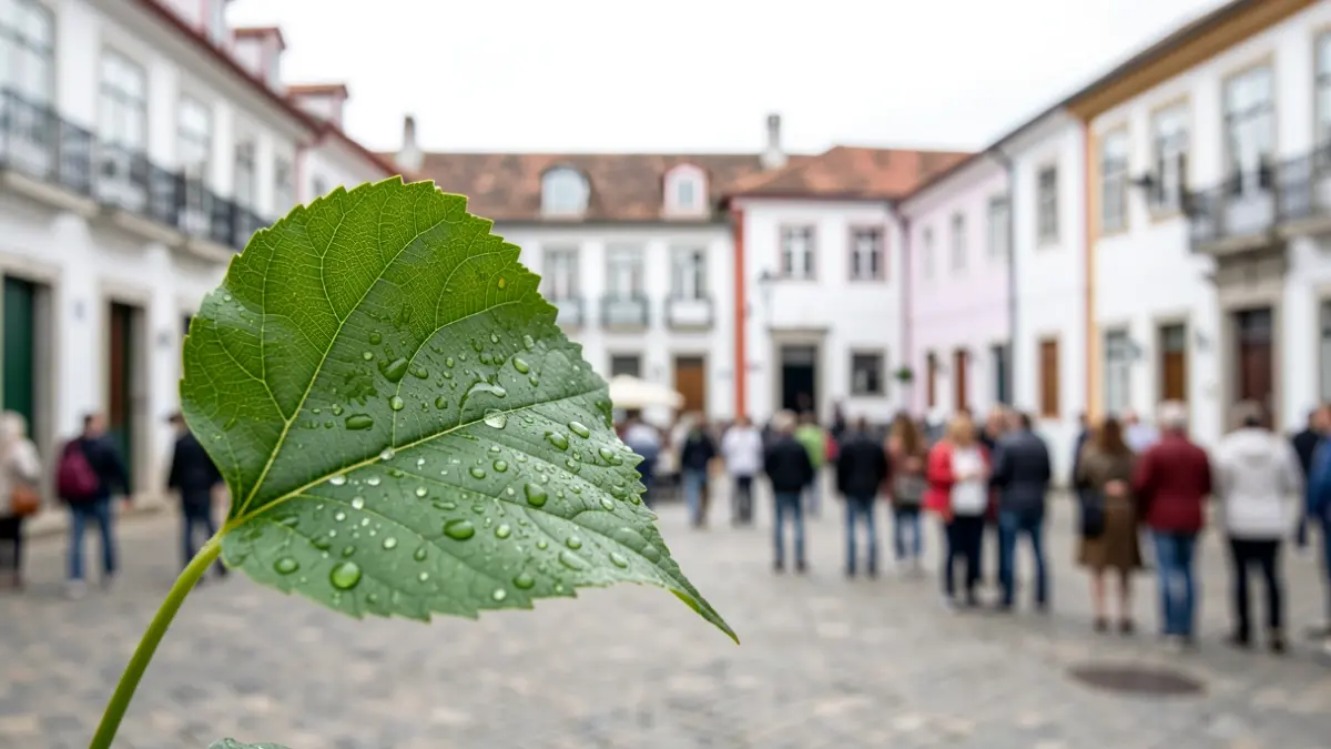 Generic image of a green leaf with water droplets, symbolizing environmental awareness, with a blurred background of a Portuguese town square.