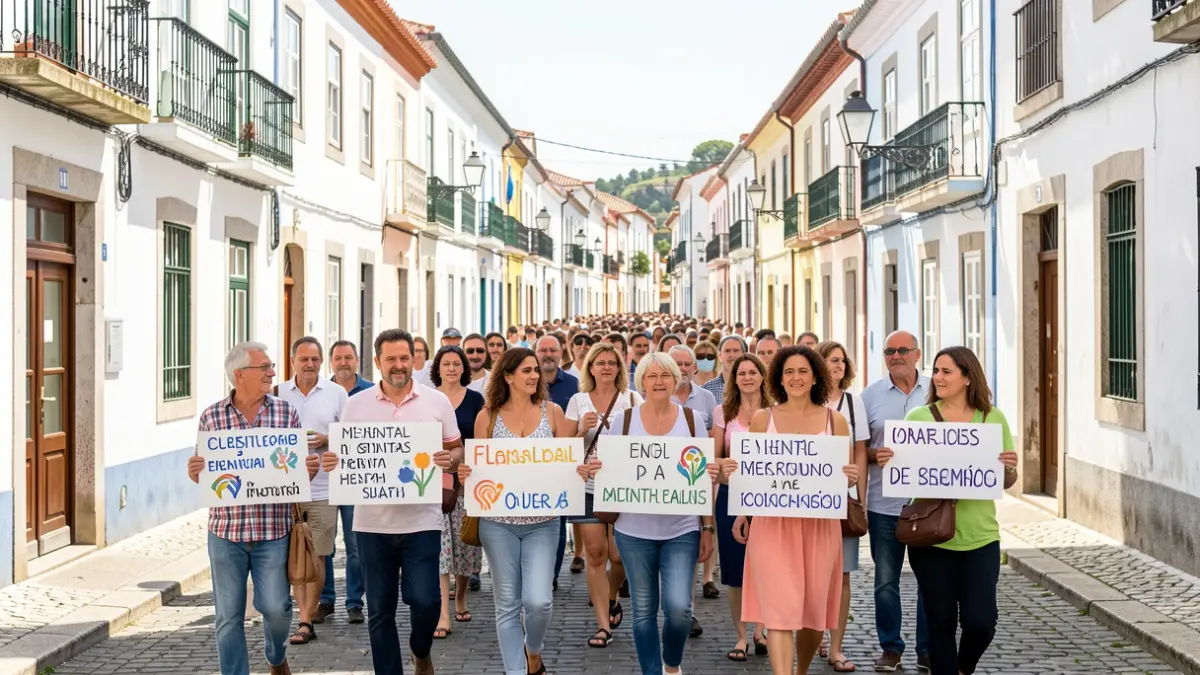 Imagen de una caminata comunitaria por la salud mental en Moura, con participantes sosteniendo carteles.