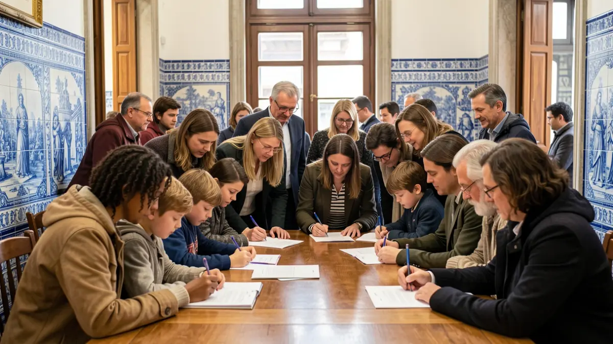 Image of a protocol signing ceremony in Moura, with participants signing an official document.