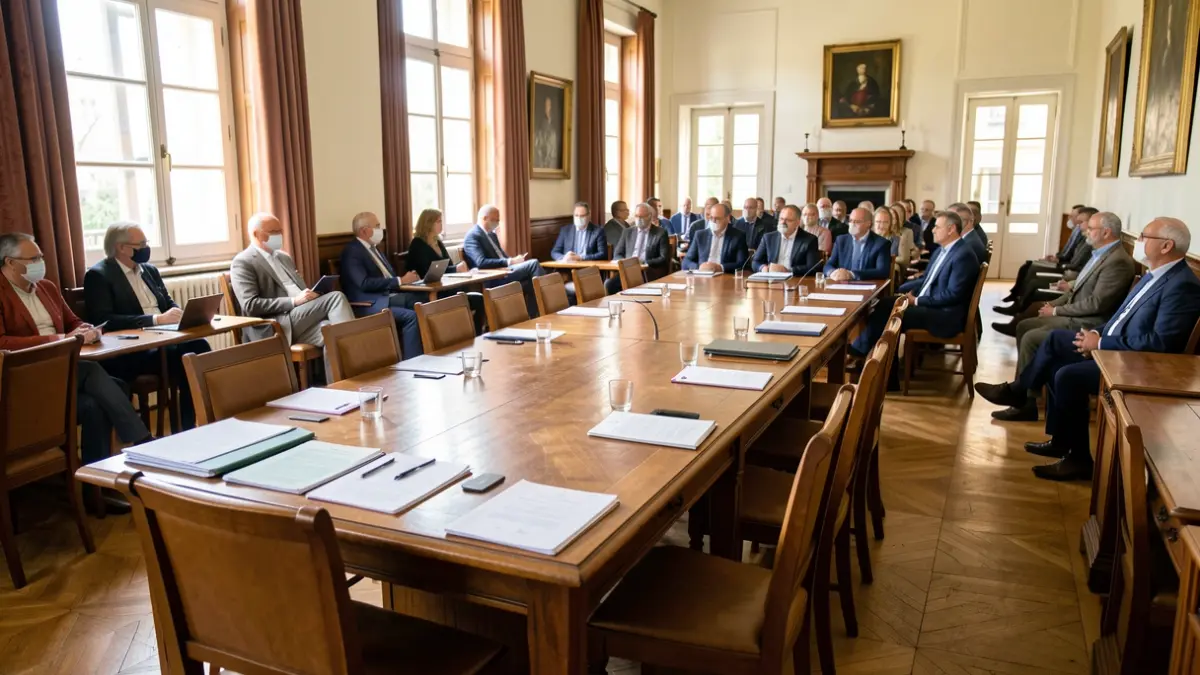 Generic image of a municipal meeting room in Portugal, with a table and chairs.