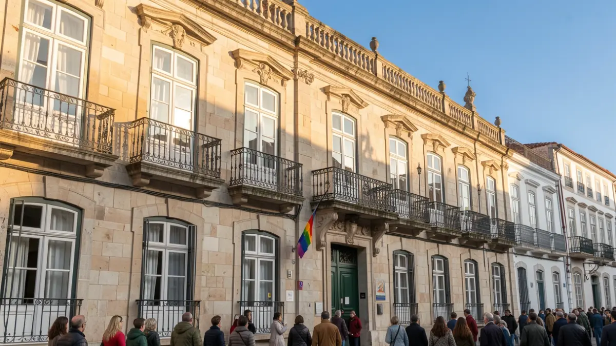Imagem genérica da fachada de um edifício municipal português com varandas ornamentadas, sob luz solar de tarde.