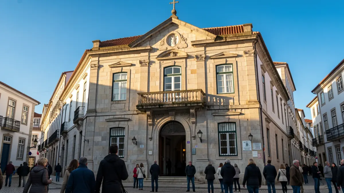 Fachada del Ayuntamiento de Anadia, un edificio tradicional portugués con detalles de piedra y balcón ornamentado, bajo la cálida luz del sol de la tarde y cielo azul.