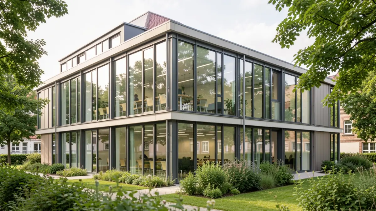 Generic image of a modern business incubator building, with large windows and green areas.