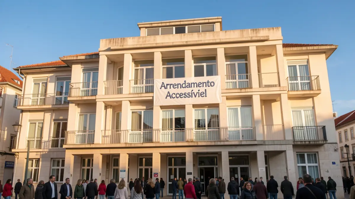 Imagen genérica de un edificio municipal moderno en Portugal con balcones y un cartel, a la luz de la tarde.