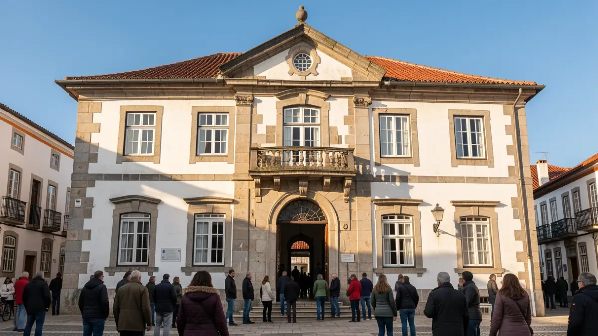 Fachada da Câmara Municipal de Boticas, um edifício tradicional português com varanda ornamentada, sob luz solar de fim de tarde.