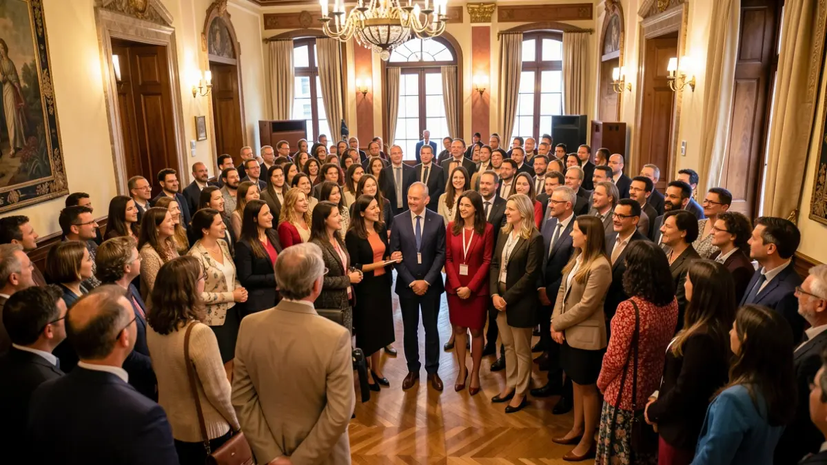 Imagem genérica de um grupo de estudantes e professores a serem recebidos por autarcas numa sala de receções.