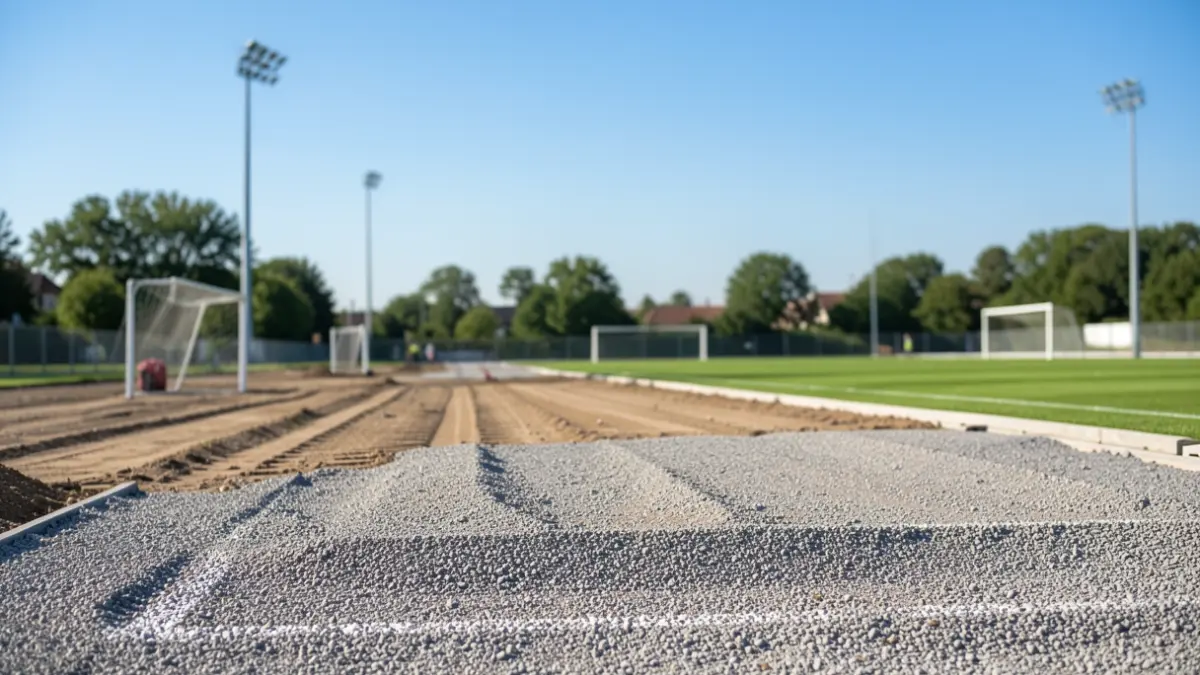 Imagem genérica de um campo de futebol em obras de manutenção com saibro.