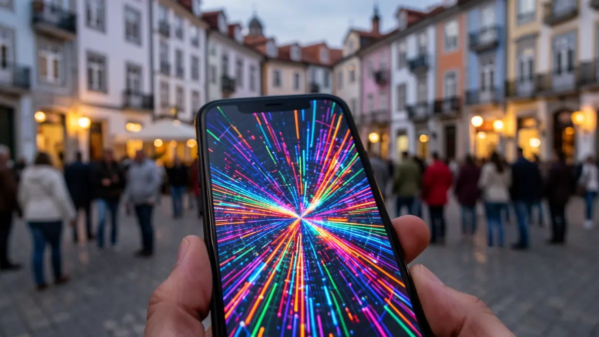 Imagem genérica de um ecrã de smartphone com um padrão digital abstrato, com o fundo desfocado de uma praça portuguesa ao anoitecer.