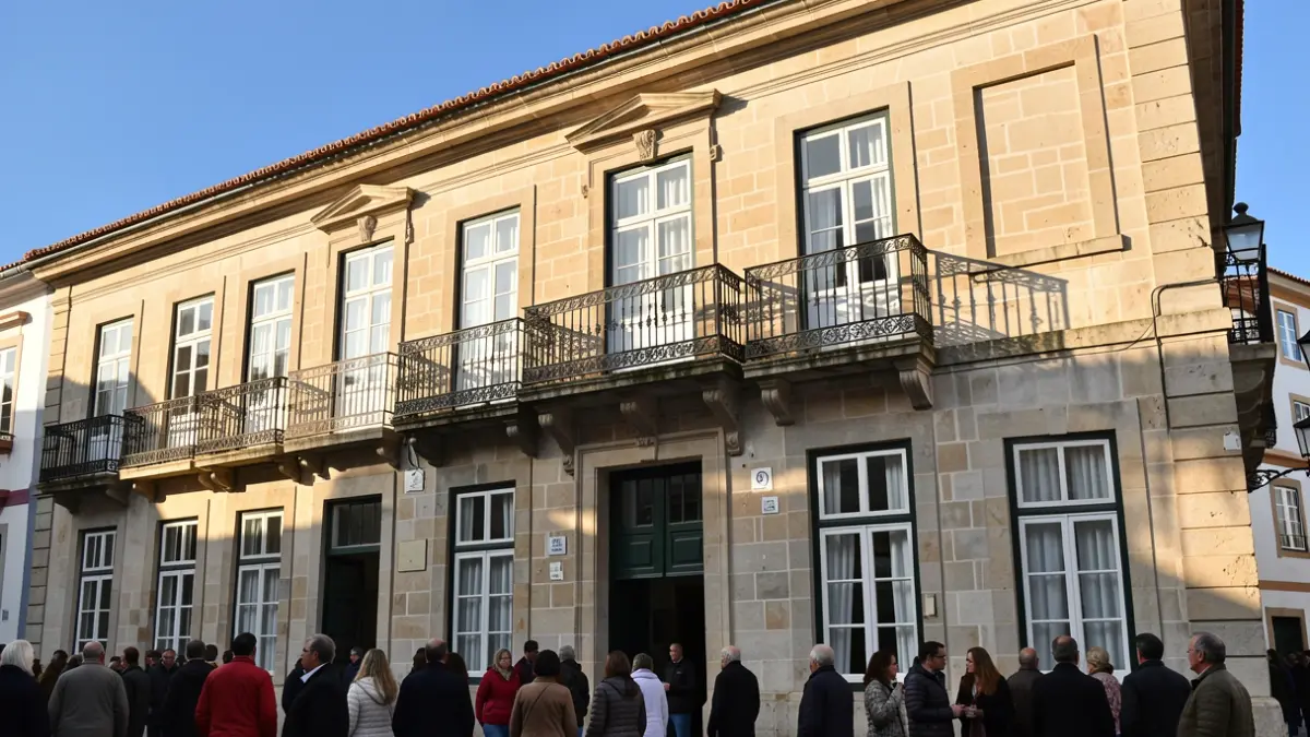 Facade of a Portuguese municipal building with ornate balconies and iron railings, warm afternoon sunlight casting shadows on sandstone walls, blue sky.