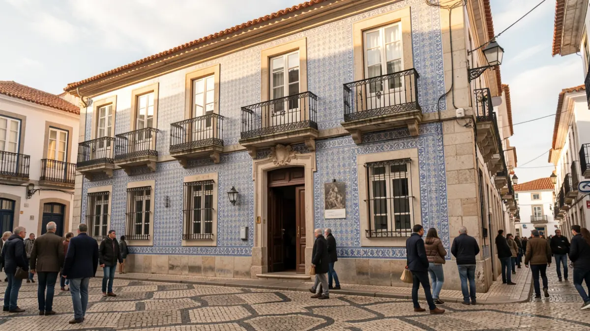 Fachada de um edifício municipal em Mourão, com detalhes arquitetónicos portugueses.