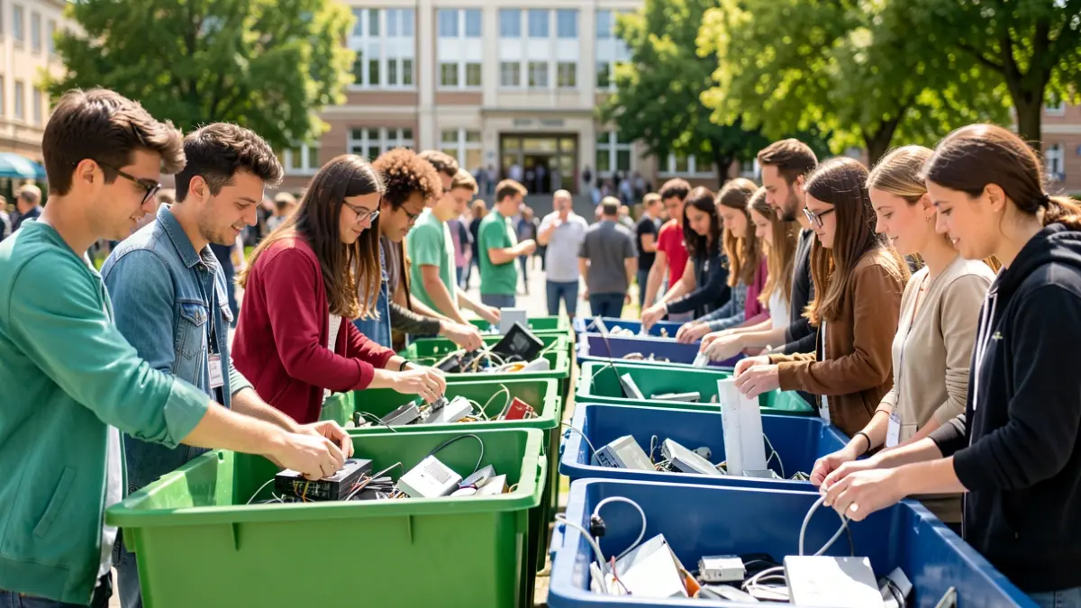 Generic image of students and adults sorting electronic waste at collection points during an environmental awareness event.