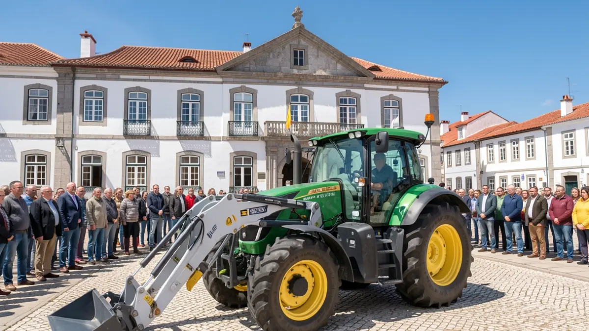 Imagen genérica de un tractor agrícola moderno estacionado frente a un edificio municipal portugués con arquitectura tradicional.