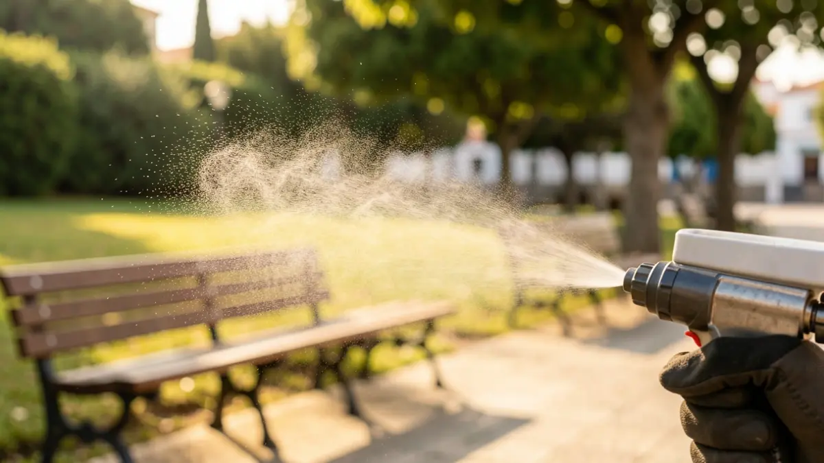 Image of a pest control operation in Redondo, focusing on the spray and urban environment.
