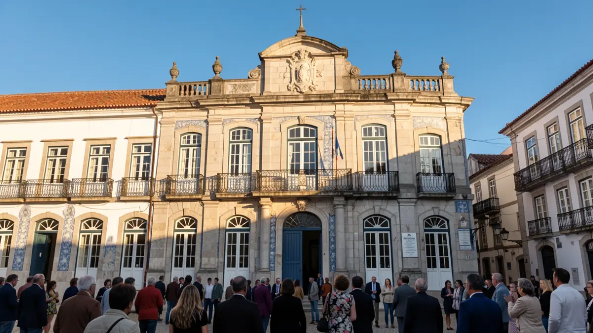 Generic image of a Portuguese town hall with ornate balconies and late afternoon sunlight.