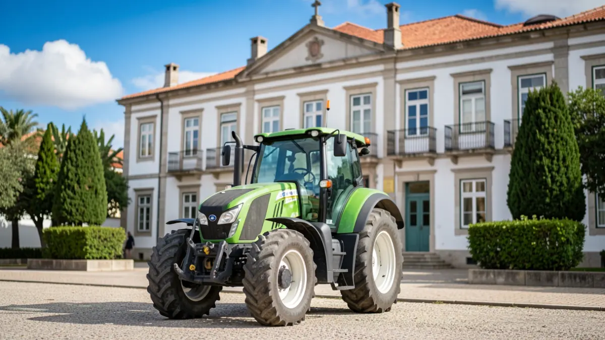 Imagen genérica de un tractor nuevo estacionado frente a un edificio municipal portugués, con cielo azul y vegetación al fondo.