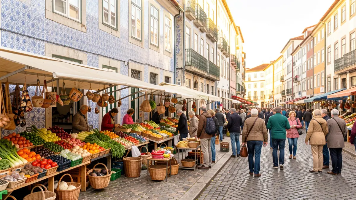 Generic image of a Portuguese municipal market with stalls selling fresh produce and crafts, people browsing, warm sunlight, and traditional azulejo tiles.