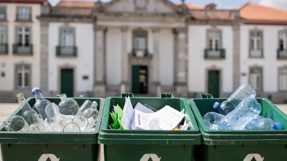 Imagem genérica de contentores de reciclagem com materiais separados, como vidro, papel e plástico, em frente a uma fachada de edifício municipal.